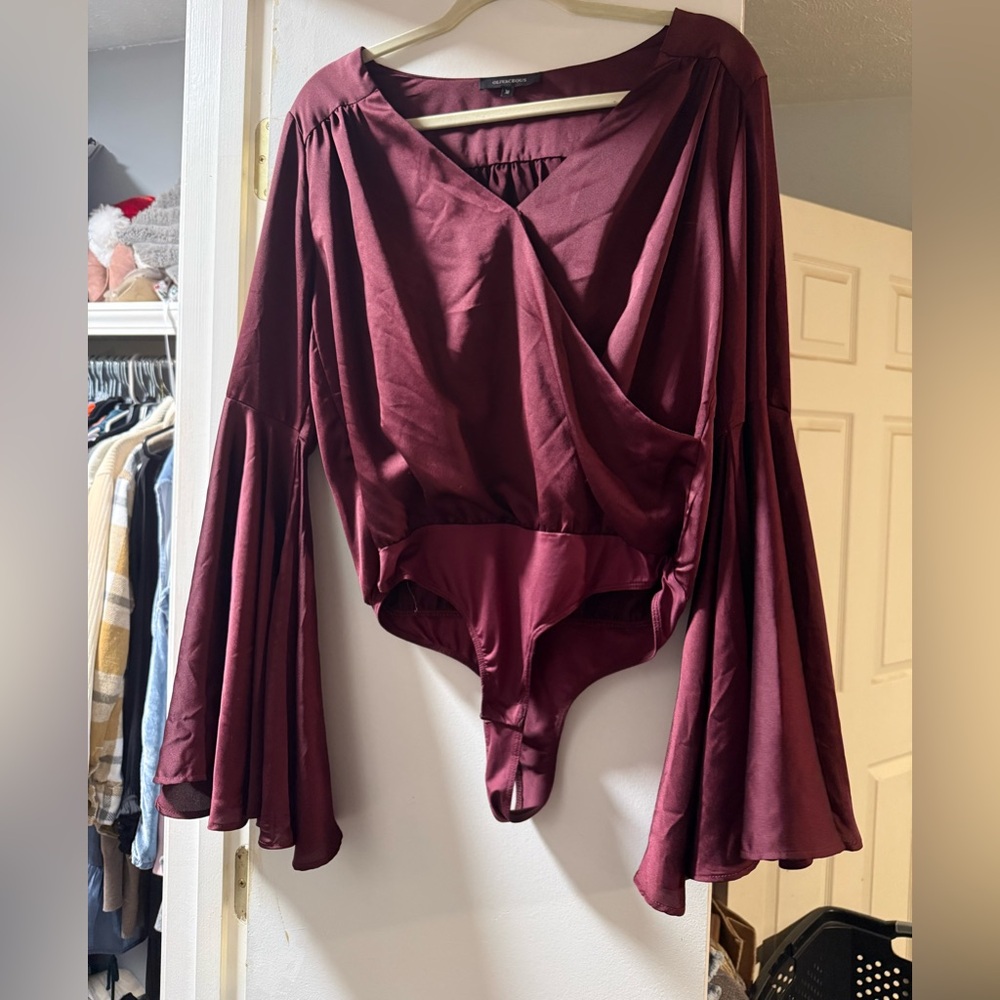 Olivaceous Deep Red Flare Sleeve Bodysuit